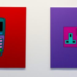 A painting of a mobile phone and a painting of a plug socket, both by Michael Craig-Martin.