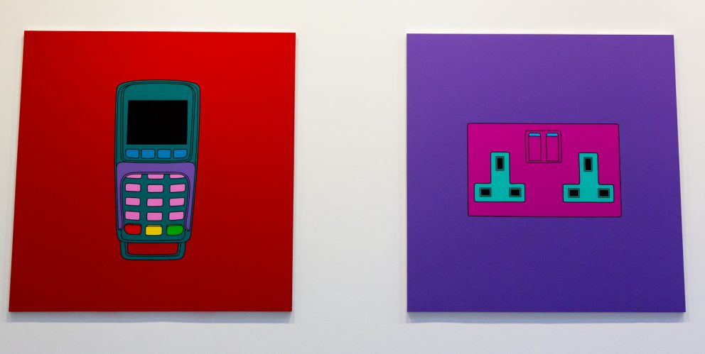 A painting of a mobile phone and a painting of a plug socket, both by Michael Craig-Martin.