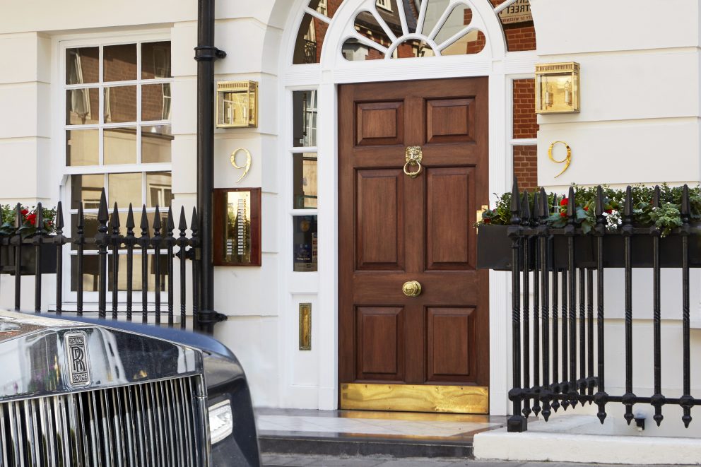 The facade of elegant Georgian townhouse 9 Hertford Street, Mayfair.