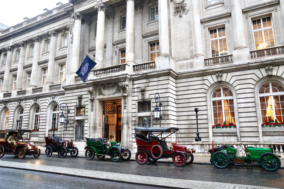 Vintage cars outside the Royal Automobile Club in Pall Mall, London.