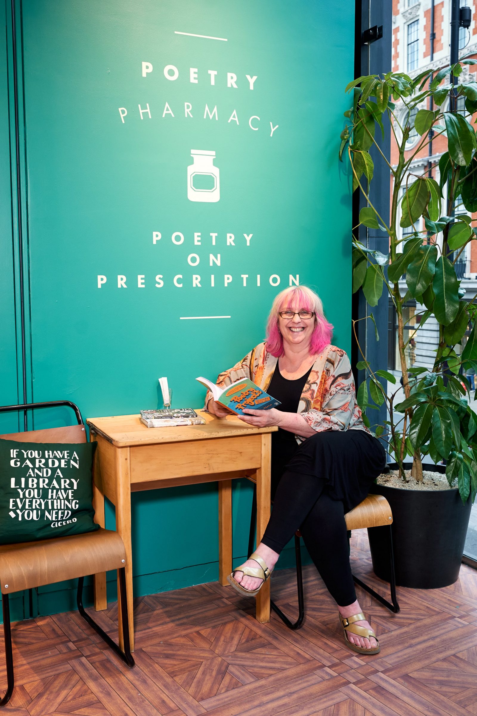 Founder Deborah Alma at The Poetry Pharmacy on Oxford Street.