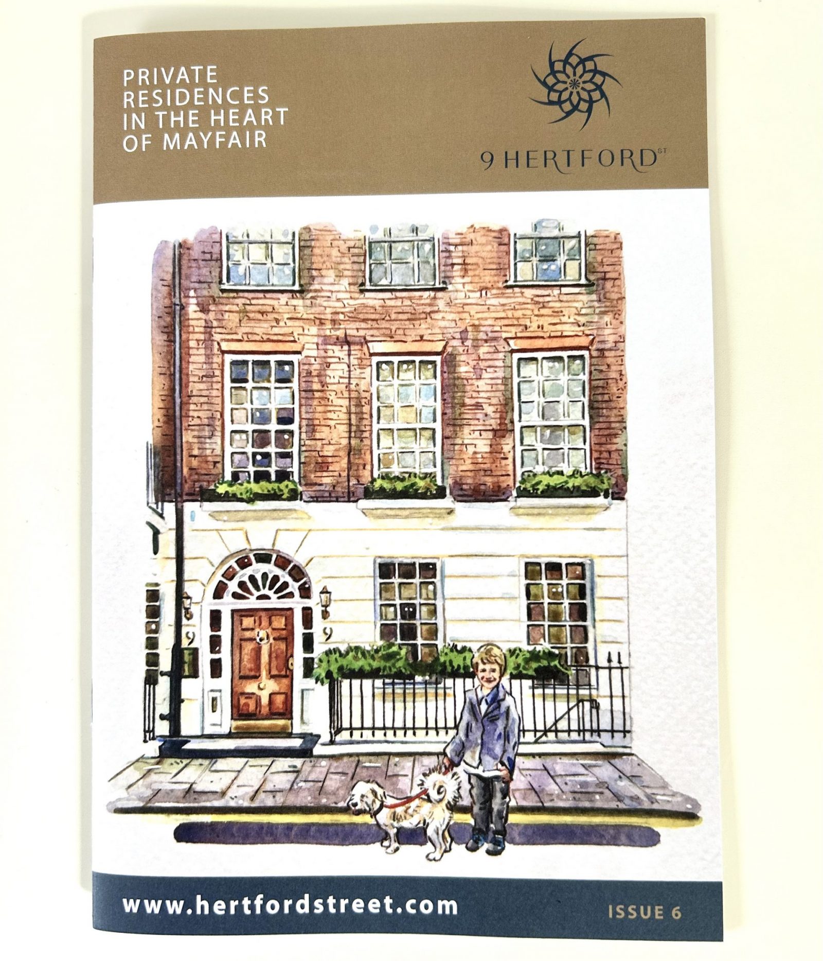 The front cover of issue 6 of the 9 Hertford Street magazine, featuring an illustration of the facade of 9 Hertford Street with a little boy and dog outside.