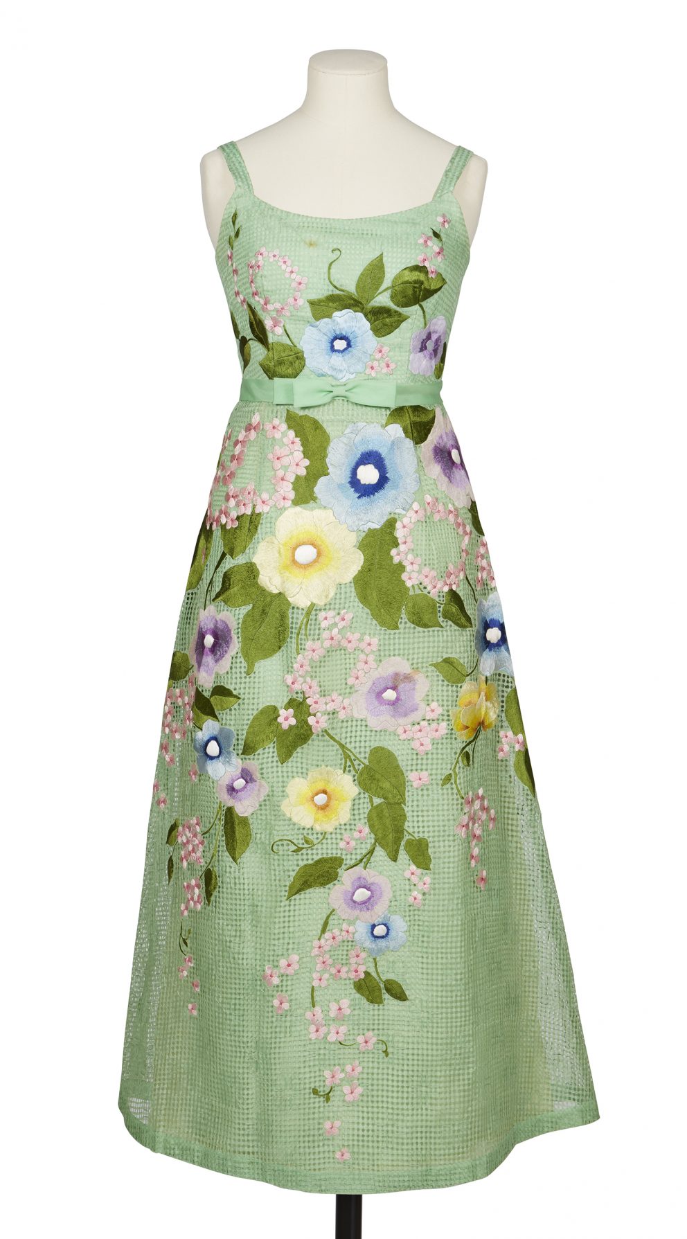 A beautiful green embroidered dress, sleeveless and long, designed by Jose Pitoy Moreno for Princess Margaret.