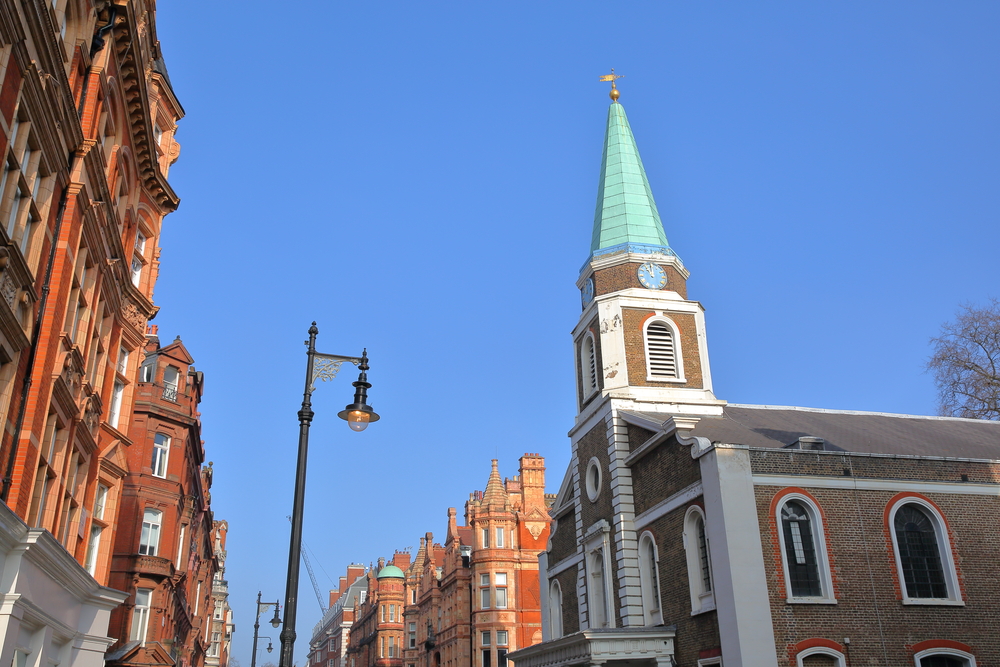 The exterior of Grosvenor Chapel in Mayfair, London.